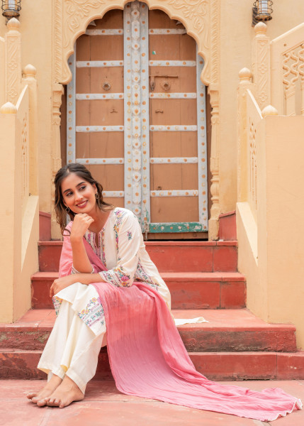 Ivory Floral Printed Kurta Pant and Dupatta Set with Lace and Sequin Detailing