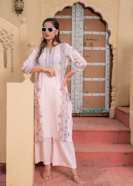 Onion Pink Floral Printed Kurta Pant and Dupatta Set with Lace and Sequin Detailing