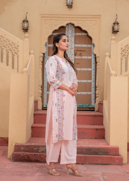 Onion Pink Floral Printed Kurta Pant and Dupatta Set with Lace and Sequin Detailing