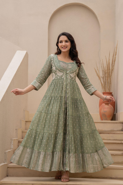 Green Anarkali Cotton Dress with Thread Work, Buttons, and Lace Detailing