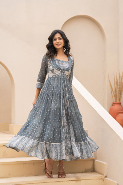 Grey Anarkali Cotton Dress with Thread Work, Buttons, and Lace Detailing