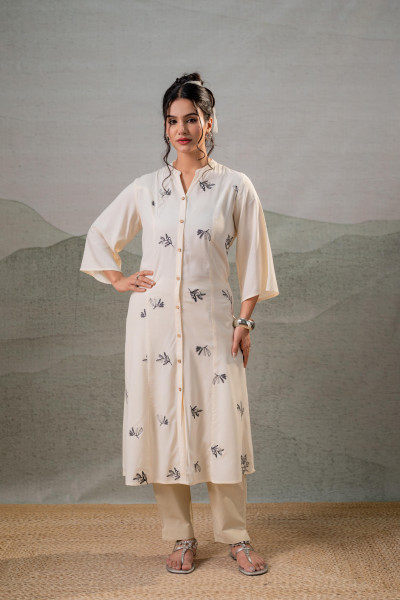 Beige Whisper Motif Embroidered Straight Kurta