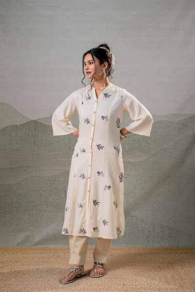 Beige Whisper Motif Embroidered Straight Kurta