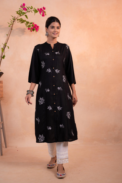 Black Whisper Motif Embroidered Straight Kurta