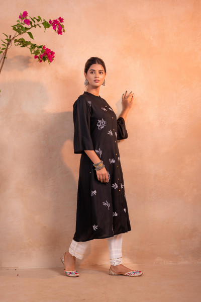 Black Whisper Motif Embroidered Straight Kurta