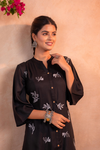 Black Whisper Motif Embroidered Straight Kurta