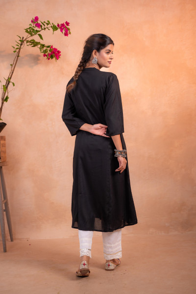 Black Whisper Motif Embroidered Straight Kurta