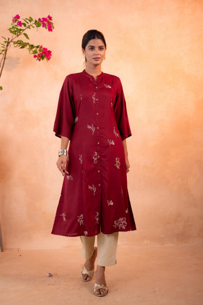 Maroon Whisper Motif Embroidered Straight Kurta