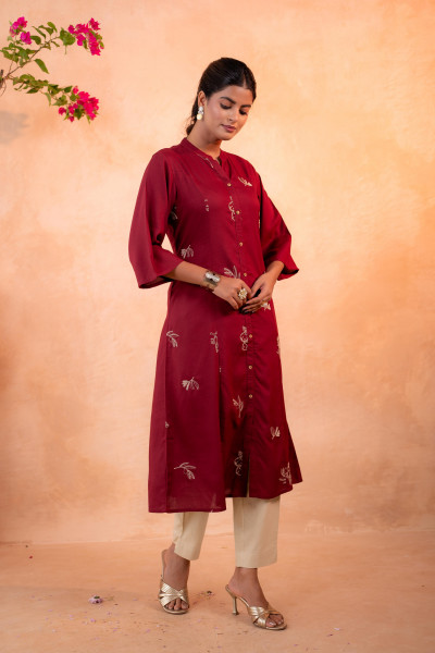 Maroon Whisper Motif Embroidered Straight Kurta