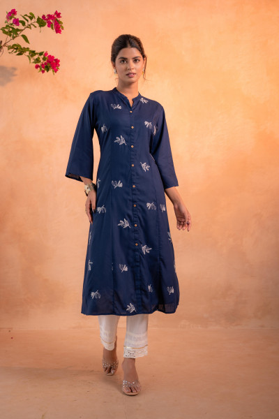 Navy Whisper Motif Embroidered Straight Kurta