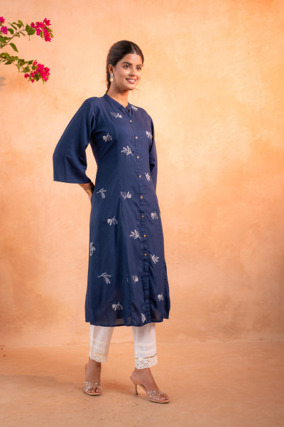 Navy Whisper Motif Embroidered Straight Kurta