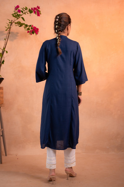 Navy Whisper Motif Embroidered Straight Kurta