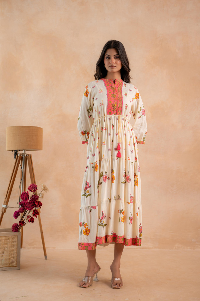 Beige Gulnaar Floral Yoke Dress
