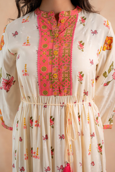 Beige Gulnaar Floral Yoke Dress