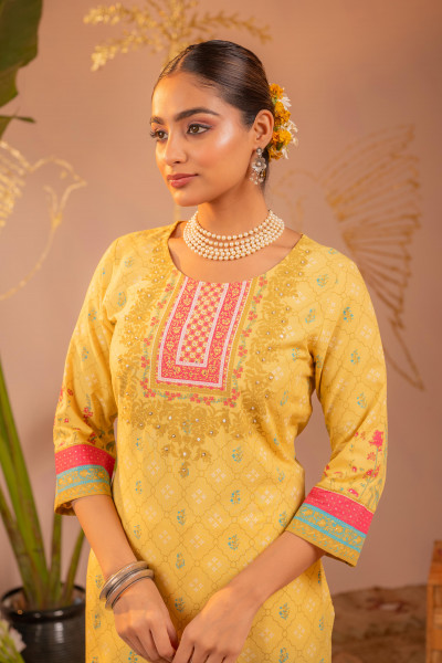 Yellow Floral Printed Viscose Kurta