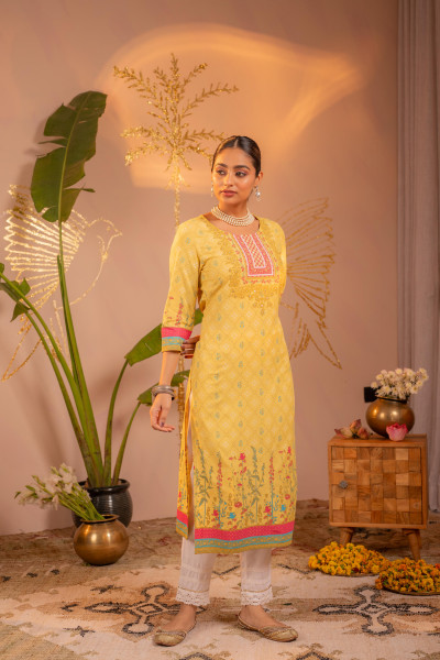 Yellow Floral Printed Viscose Kurta