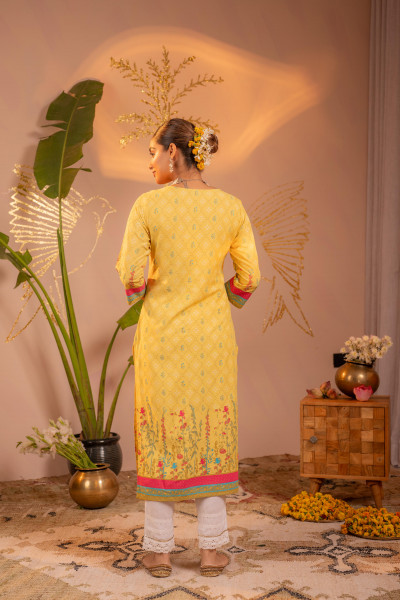 Yellow Floral Printed Viscose Kurta