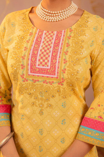 Yellow Floral Printed Viscose Kurta