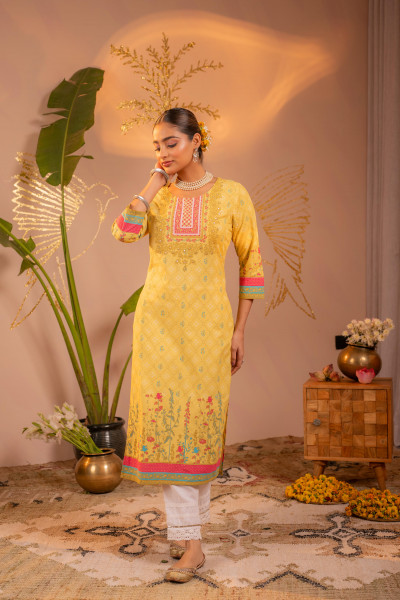 Yellow Floral Printed Viscose Kurta