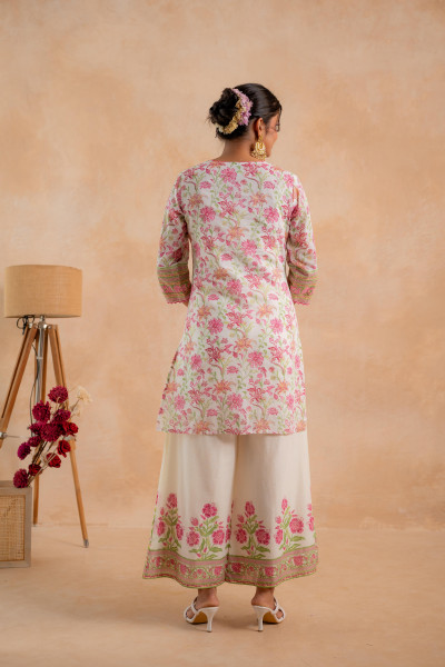 Gulbahaar Ivory Floral Printed Kurta Palazzo And Dupatta Set