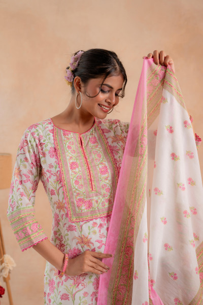 Gulbahaar Ivory Floral Printed Kurta Palazzo And Dupatta Set