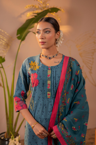 Neelambara Teal Floral Printed Kurta Pant And Dupatta Set