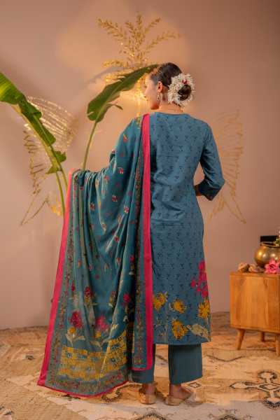 Neelambara Teal Floral Printed Kurta Pant And Dupatta Set
