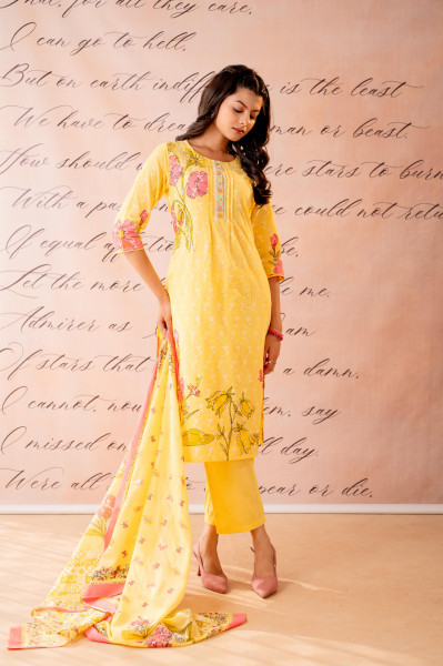 Yellow Floral Printed Kurta Pant And Dupatta Set