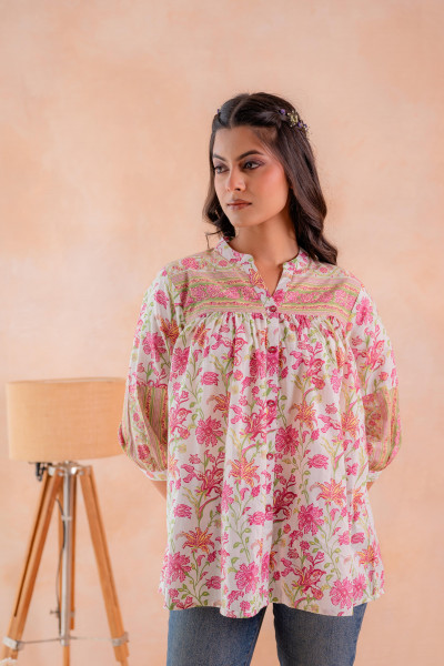 Floral Printed Gathered Ethnic Tunic