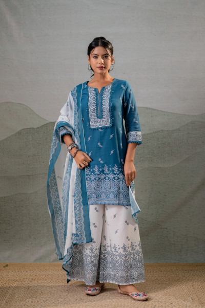 Ethereal Blue Kurta Ensemble with White Dupatta