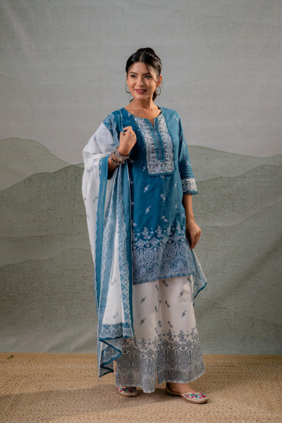 Ethereal Blue Kurta Ensemble with White Dupatta