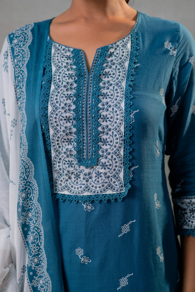 Ethereal Blue Kurta Ensemble with White Dupatta