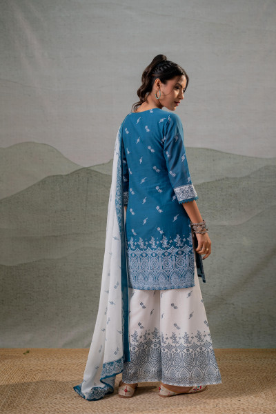 Ethereal Blue Kurta Ensemble with White Dupatta