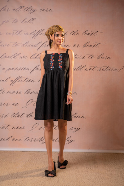 Classic Black Sleeveless Embroidered Flared Dress