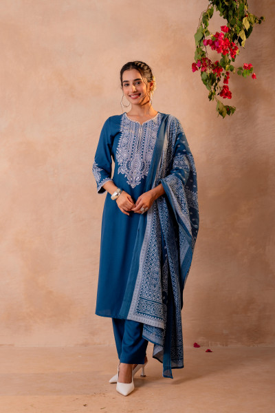 Blue Embroidered Straight Kurta Set with Printed Dupatta