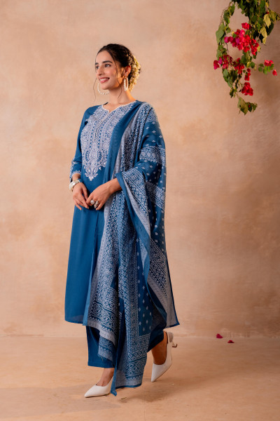 Blue Embroidered Straight Kurta Set with Printed Dupatta