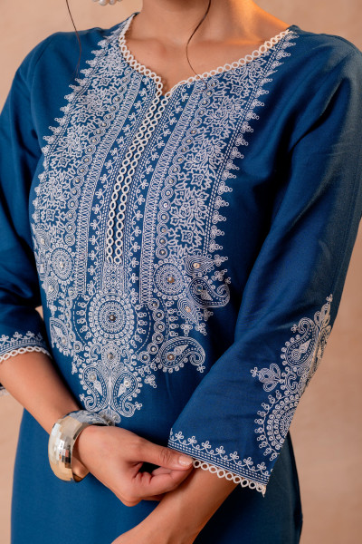 Blue Embroidered Straight Kurta Set with Printed Dupatta
