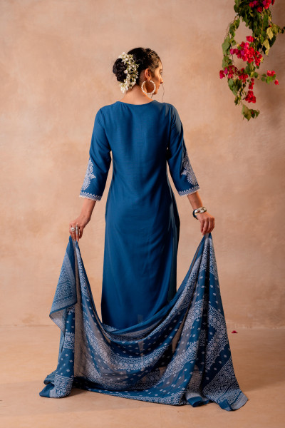 Blue Embroidered Straight Kurta Set with Printed Dupatta