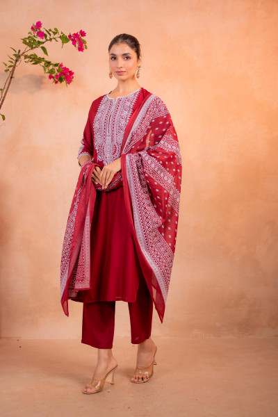 Maroon Embroidered Straight Kurta Set with Printed Dupatta