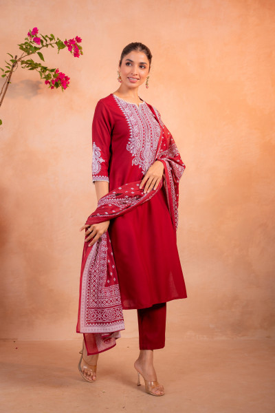 Maroon Embroidered Straight Kurta Set with Printed Dupatta