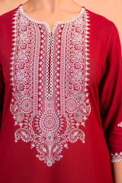 Maroon Embroidered Straight Kurta Set with Printed Dupatta