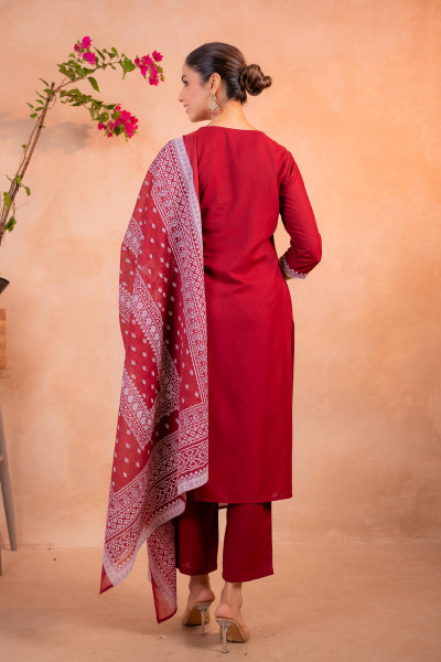 Maroon Embroidered Straight Kurta Set with Printed Dupatta