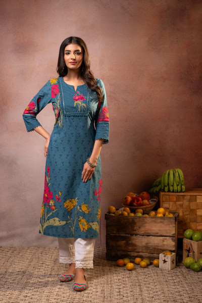 Gulbahaar Teal Floral Placement Kurta