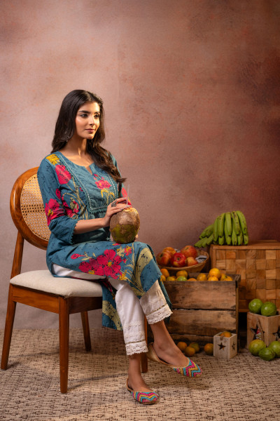 Gulbahaar Teal Floral Placement Kurta
