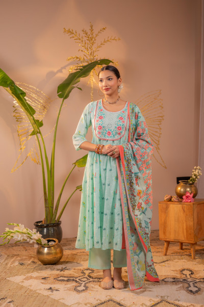 Mint Green Floral Printed Anarkali Kurta Set with Printed Dupatta