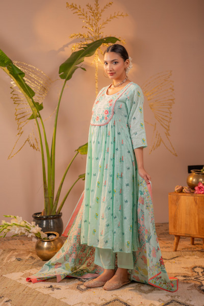 Mint Green Floral Printed Anarkali Kurta Set with Printed Dupatta