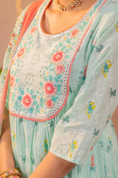 Mint Green Floral Printed Anarkali Kurta Set with Printed Dupatta