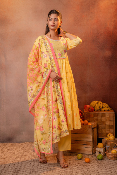 Yellow Floral Printed Anarkali Kurta Set with Printed Dupatta