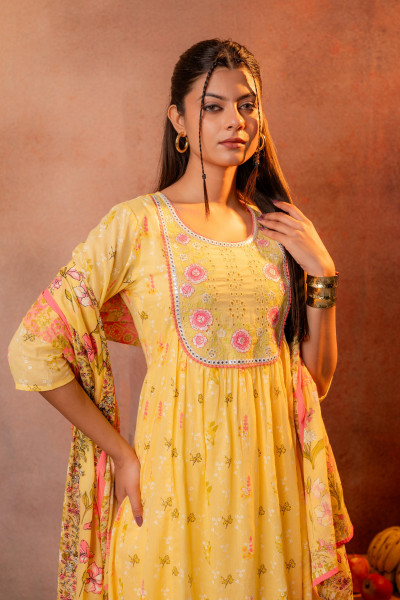 Yellow Floral Printed Anarkali Kurta Set with Printed Dupatta