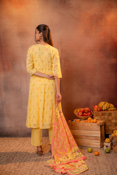 Yellow Floral Printed Anarkali Kurta Set with Printed Dupatta